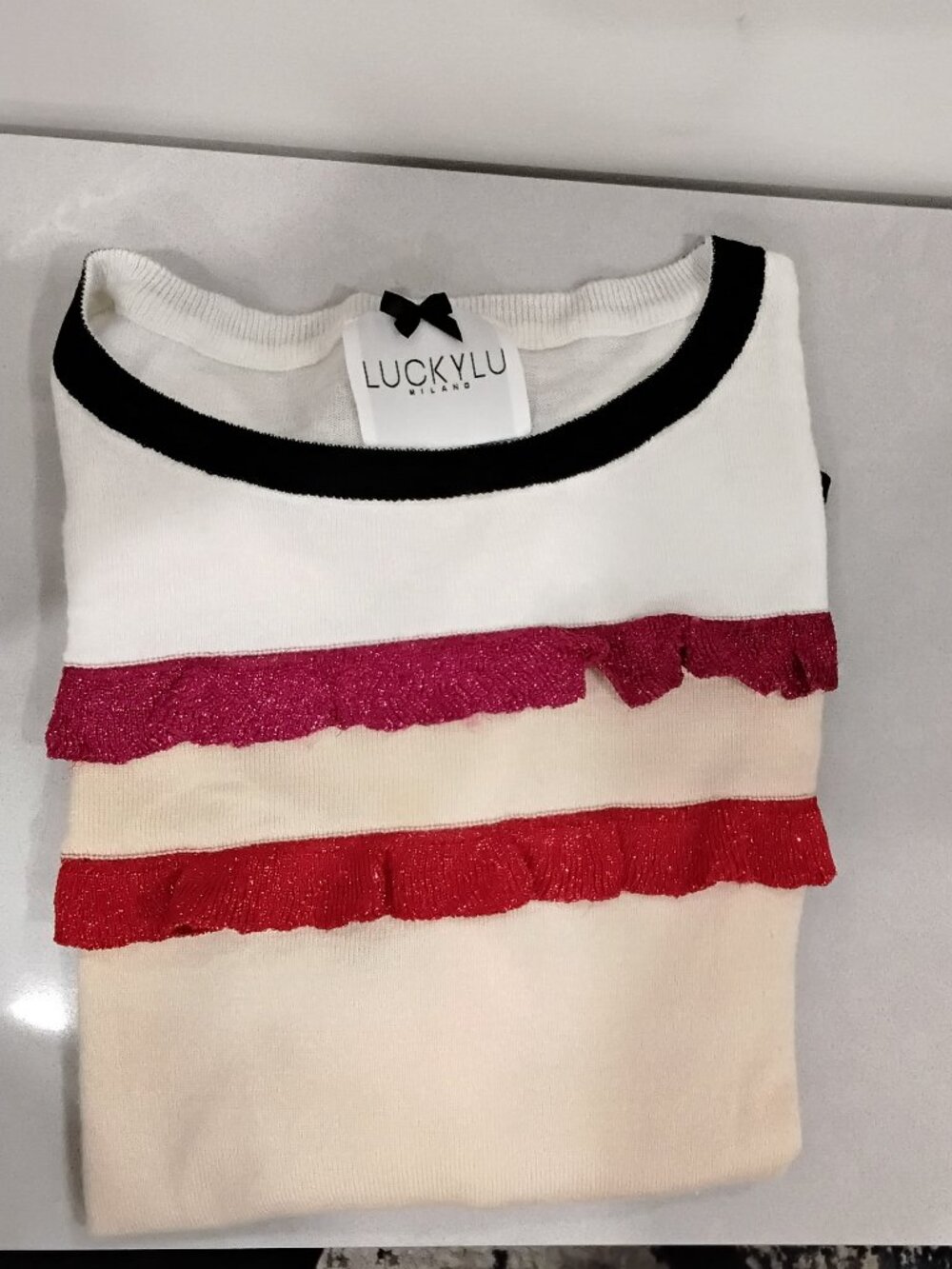 Luckylu MILANO Peach and Off White Sparkle Stripe Ruffle Sweater